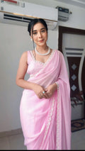 1 - Minute Ready To Wear Blushing Rose Attire Silk Printed Saree pink