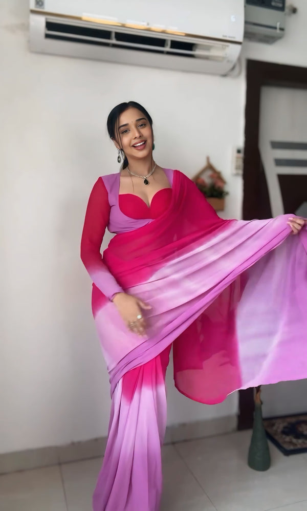 Excellent 1-Minute Ready To Wear Pink and Lavender Georgette Saree