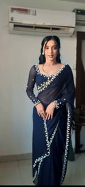 1 - Minute Ready To Wear Blushing Rose Attire Silk Printed Saree navy blue