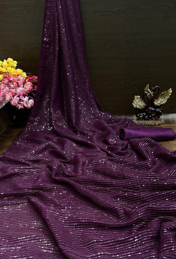 Wine Satin Fancy Sequence Work Saree