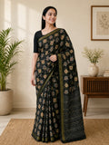 Emerald Heritage Soft Cotton Printed Saree with Elegant Zari Border - BLACK