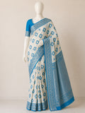 Premium Linen Cotton Saree with Floral Ethnic Weaving - SKY BLUE