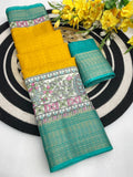 Royal Two-Tone Dolla Checks Saree With Jacquard Border & Contrast Designer Blouse - YELLOW
