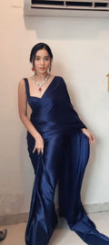 1-Min Satin Ready To Wear Saree With Blouse Piece -NAVY BLUE
