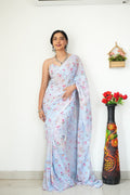 Extraordinary 1-Minute Ready To Wear light blue Printed Satin Silk Saree
