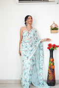 Extraordinary 1-Minute Ready To Wear sky blue Printed Satin Silk Saree