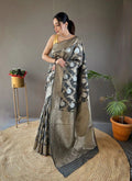 Pretty Gray Color Banarasi Silk Zari Weaving   Saree With Blouse Piece