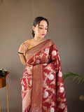 Pretty  Maroon Color Banarasi Silk Zari Weaving Saree With Blouse Piece