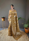 Pretty Gold  Color Banarasi Silk Zari Weaving   Saree With Blouse Piece