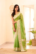 Parrot Cotton Silk Saree With Scintillating Blouse Piece