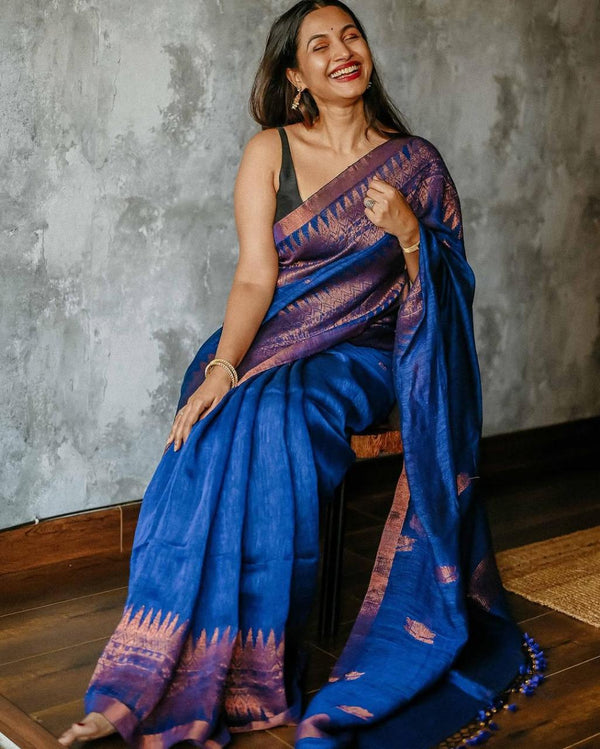 Designer Royal Blue Cotton Silk Saree With Classic Blouse Piece