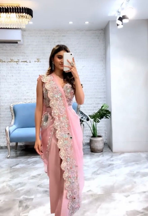 Designer Real Mirror Embroidered Ready To Wear Indo Western Dress