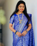 Traditional Banarasi Litchi Silk Saree With Blouse Piece -blue