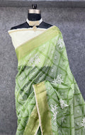 Elegant Printed Saree with Floral Buti Design - OLIVE GREEN & WHITE