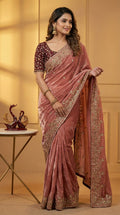 Designer Fandy Satin Saree with 3mm Sequins Pallu & Cutwork Border –PEACH