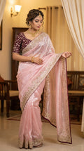 Designer Fandy Satin Saree with 3mm Sequins Pallu & Cutwork Border –PINK
