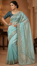 Designer Fandy Satin Saree with 3mm Sequins Pallu & Cutwork Border –SKY  BLUE