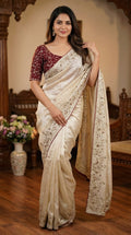 Designer Fandy Satin Saree with 3mm Sequins Pallu & Cutwork Border –WHITE