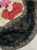 Designer Fandy Satin Saree with 3mm Sequins Pallu & Cutwork Border –BLACK