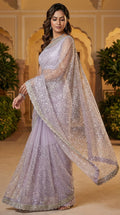 Elegant Pure Soft Net Saree with Original Beads Work & Designer Cutwork Border - LIGHT PURPLE