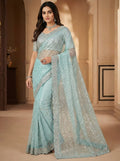 Elegant Pure Soft Net Saree with Original Beads Work & Designer Cutwork Border -SKY BLUE