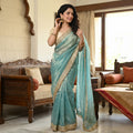 Elegant Fandy Satin Saree with Sequins Butti & Designer Lace Border -SKY