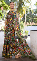 Elegance Premium Soft Tusser Floral Printed Designer Saree with Rich Heavy Weaving Border & Contrast Blouse Piece - MEHENDI