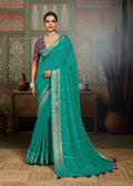 Premium Tusser Weaving Saree with Zari Border & Digital Blouse - SEA GREEN