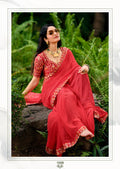 Premium Georgette Leheriya Mothda Print Saree with Embroidery Sequence Lace Border & Designer Blouse Piece - RED