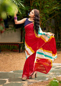 Graceful Chiffon Saree with Artistic Brush Print and Woven Border - RED