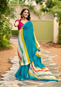 Graceful Chiffon Saree with Artistic Brush Print and Woven Border - SKY
